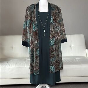 R & M Richards Green and Brown Paisley Mini Dress with Jacket & Necklace Set